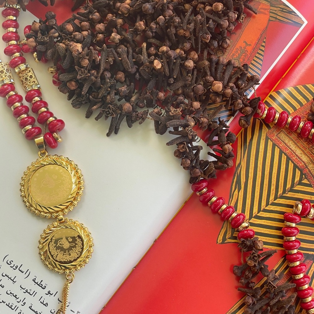 Elegant Boho Handmade Clove, Gold and RedNecklace w 24K gold plated pendant